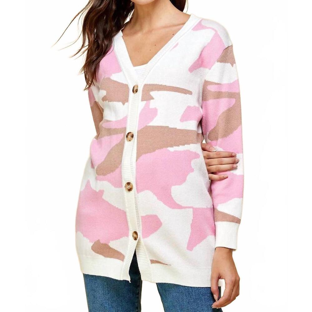 NEW OLIVE MAUVE camo sweater cardigan in enlighten pink